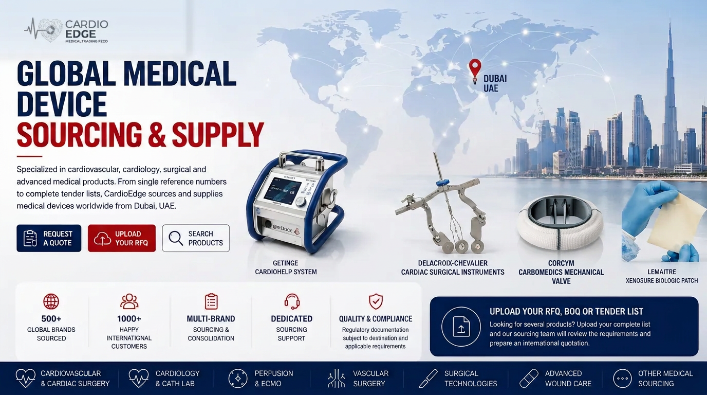 CardioEdge Medical Trading FZCO hero banner: global medical device sourcing and supply from Dubai, UAE — Getinge CARDIOHELP ECMO system, Delacroix-Chevalier cardiac surgical instruments and LeMaitre XenoSure biologic patch shown with a world map and the Dubai skyline CardioEdge Medical Trading FZCO hero banner: global medical device sourcing and supply from Dubai, UAE — Getinge CARDIOHELP ECMO system, Delacroix-Chevalier cardiac surgical instruments and LeMaitre XenoSure biologic patch shown with a world map and the Dubai skyline